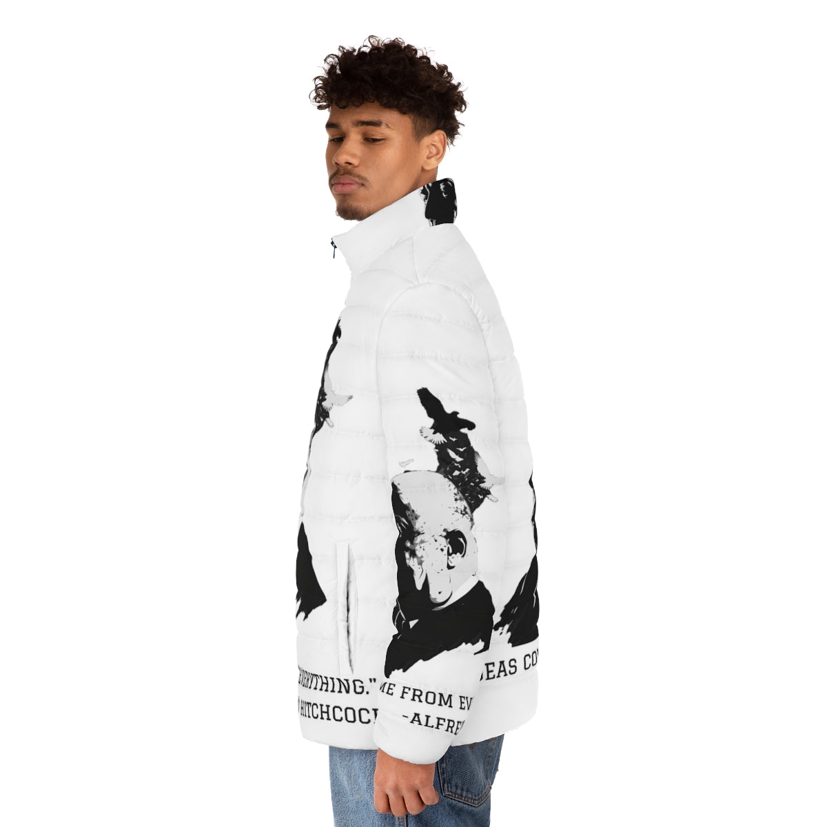 Alfred Hitchcock inspired puffer jacket with iconic illustration graphic - men side left