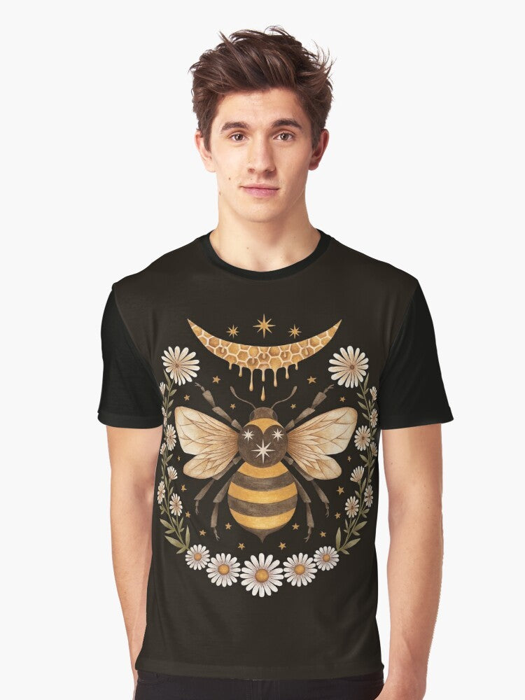 Honey Moon Graphic T-Shirt featuring a bee, honeycomb, and crescent moon design for beekeepers and nature lovers - Men