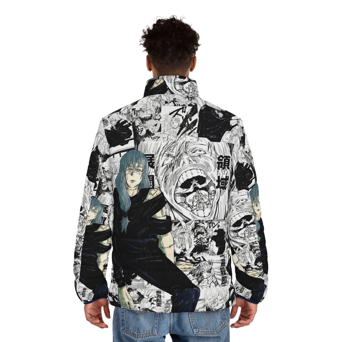 Aoi Mahito Jujutsu Kaisen inspired puffer jacket in black and white - men back