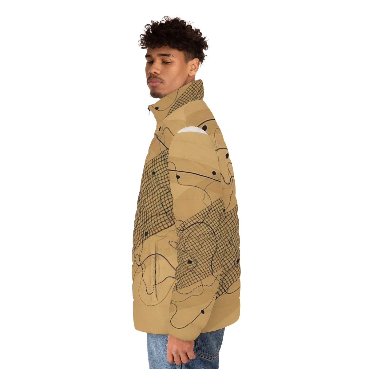 Avant-garde puffer jacket inspired by the compositions of John Cage - men side left