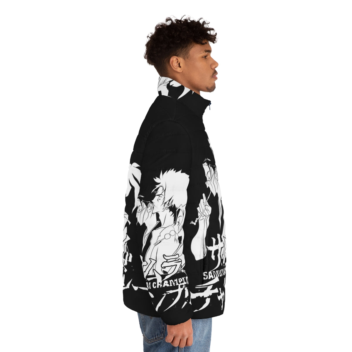 Samurai Champloo anime-inspired puffer jacket with cyberpunk design - men side right