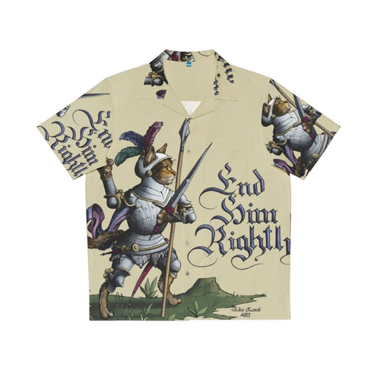 Medieval cat print Hawaiian shirt with swords and armor