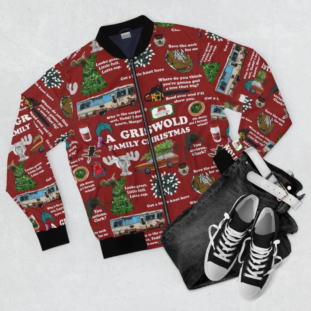 Christmas Vacation-themed bomber jacket with collage design featuring characters and quotes from the movie - Flat lay