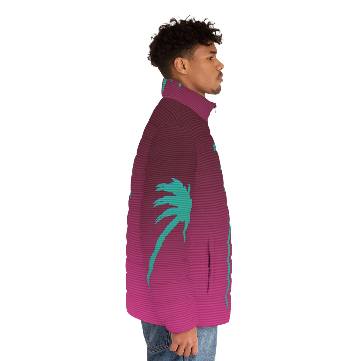 Hotline Miami-inspired puffer jacket with palmtree design, perfect for vaporwave and 80s video game fans - men side right