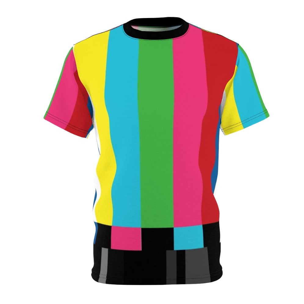 A vibrant and retro-inspired t-shirt featuring a pattern of colorful television color bars, perfect for fans of vintage technology and pop culture.