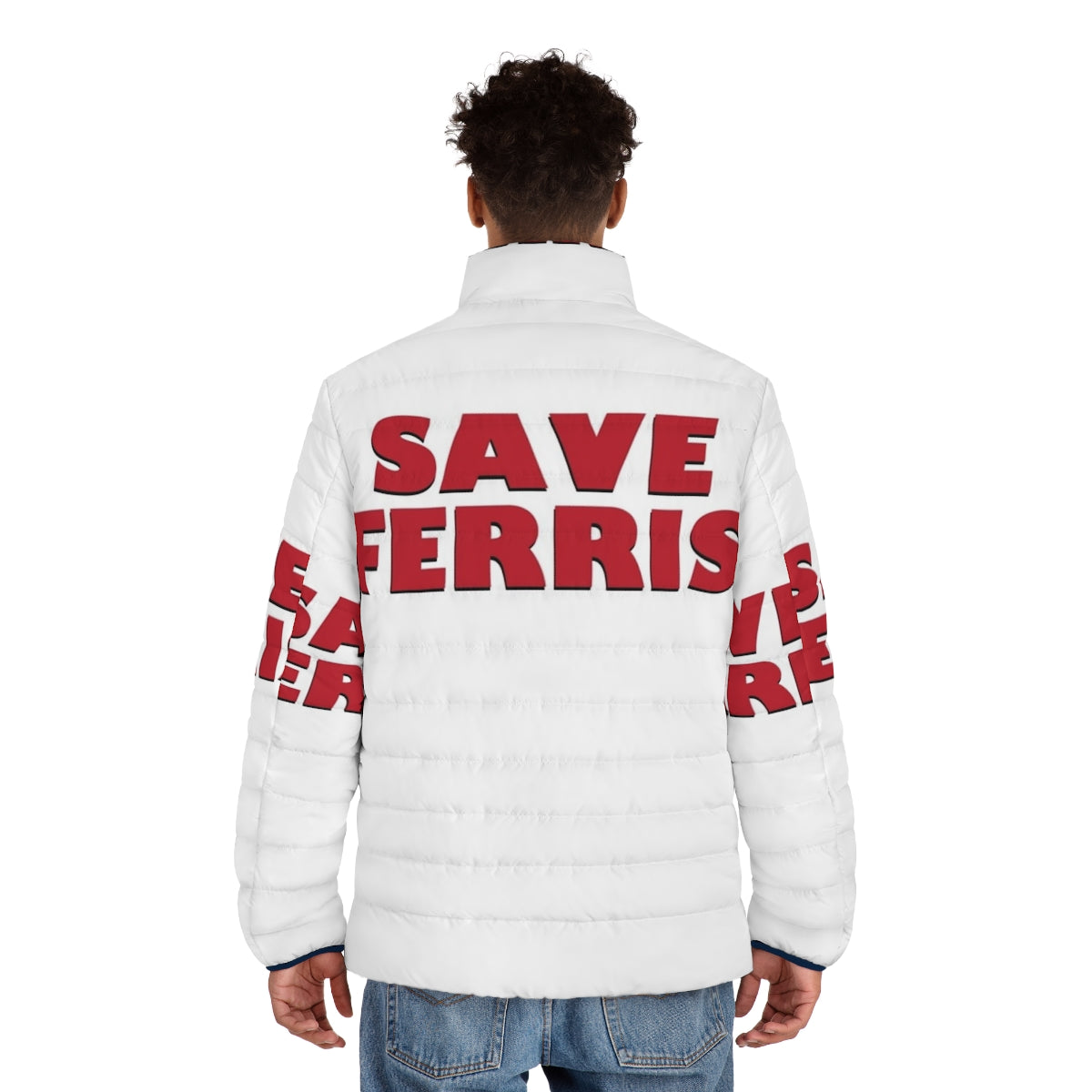 Save Ferris 80s puffer jacket with vintage movie inspired design - men back