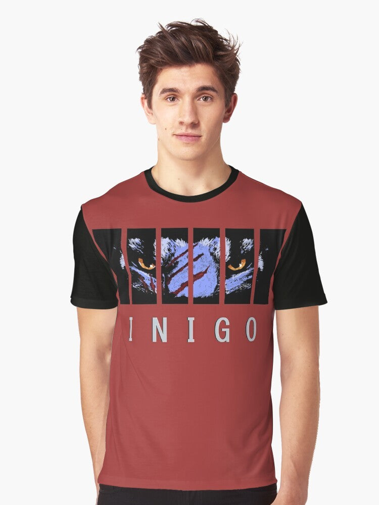 Inigo Caged Graphic T-Shirt featuring the popular Skyrim character Inigo, a smart blue cat, trapped behind bars - Men