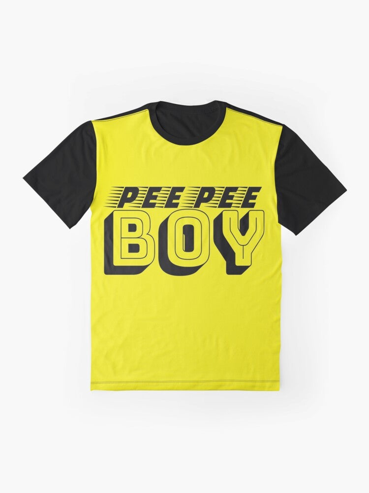 A funny graphic t-shirt featuring the text "Pee Pee Boy" in a unique typography design. - Flat lay