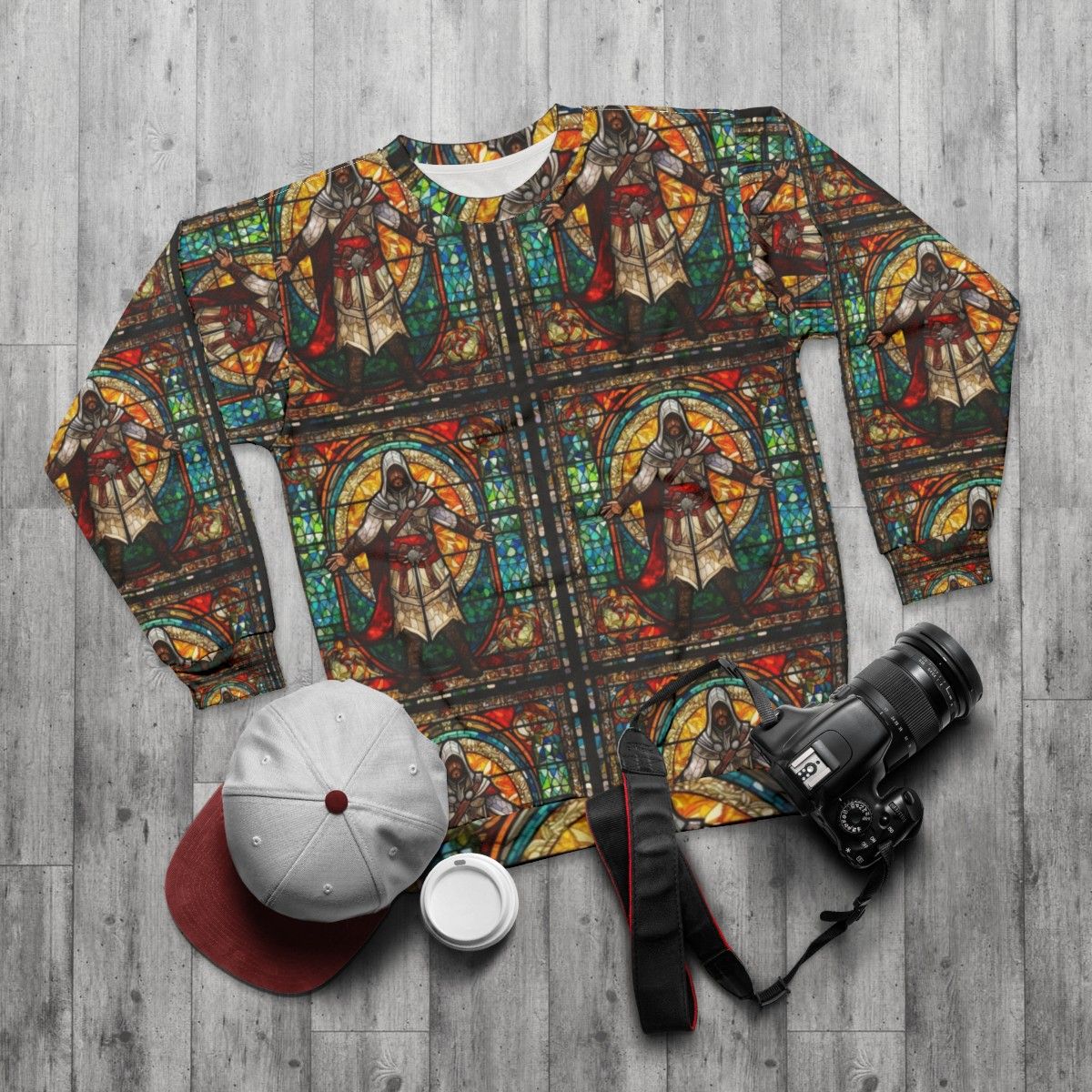 Assassin's Creed Stained Glass Mosaic Sweatshirt - flat lay