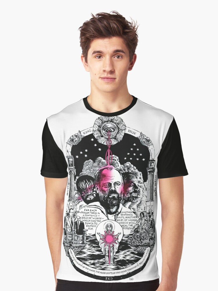 Monochrome graphic t-shirt featuring the VALIS system from the works of Philip K. Dick - Men