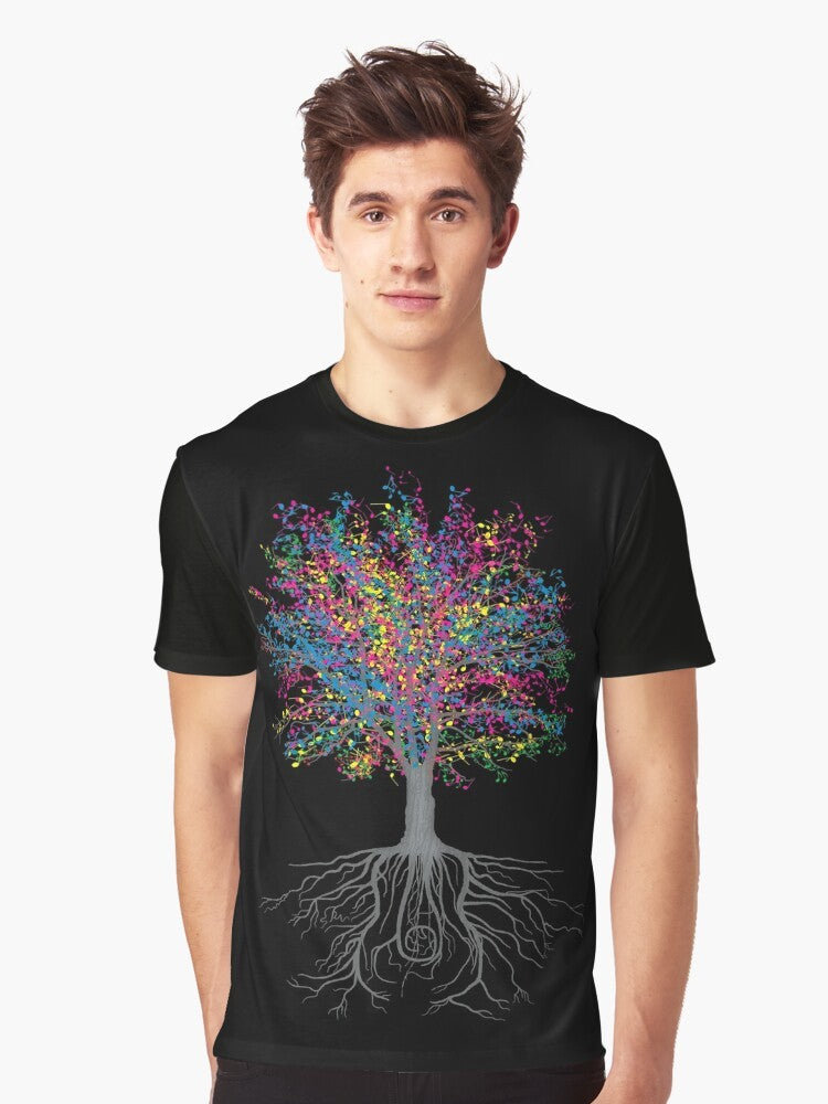 A graphic t-shirt design featuring a nature-inspired pattern with musical notes and elements like trees, leaves, and blossoms. - Men