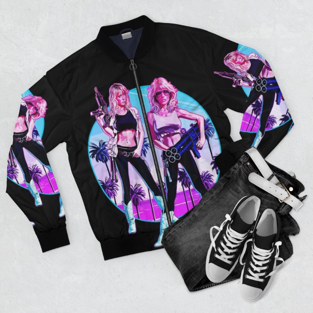 80s Miami-inspired bomber jacket with neon pink and blue palm tree design - Flat lay