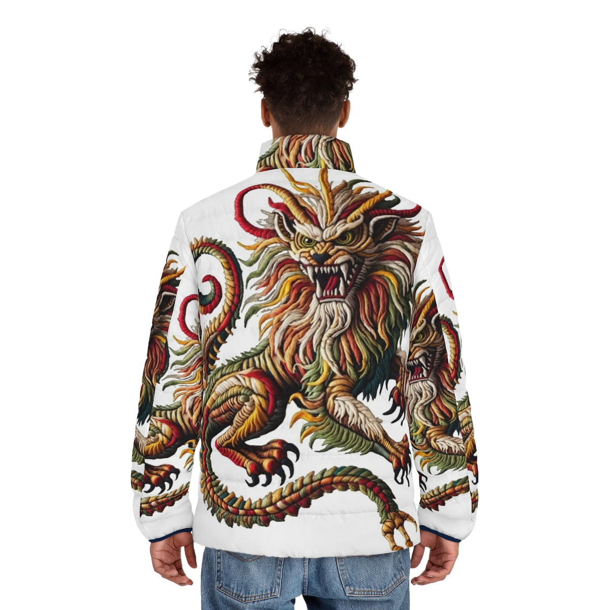 Manticore puffer jacket with embroidered fantasy animal design - men back