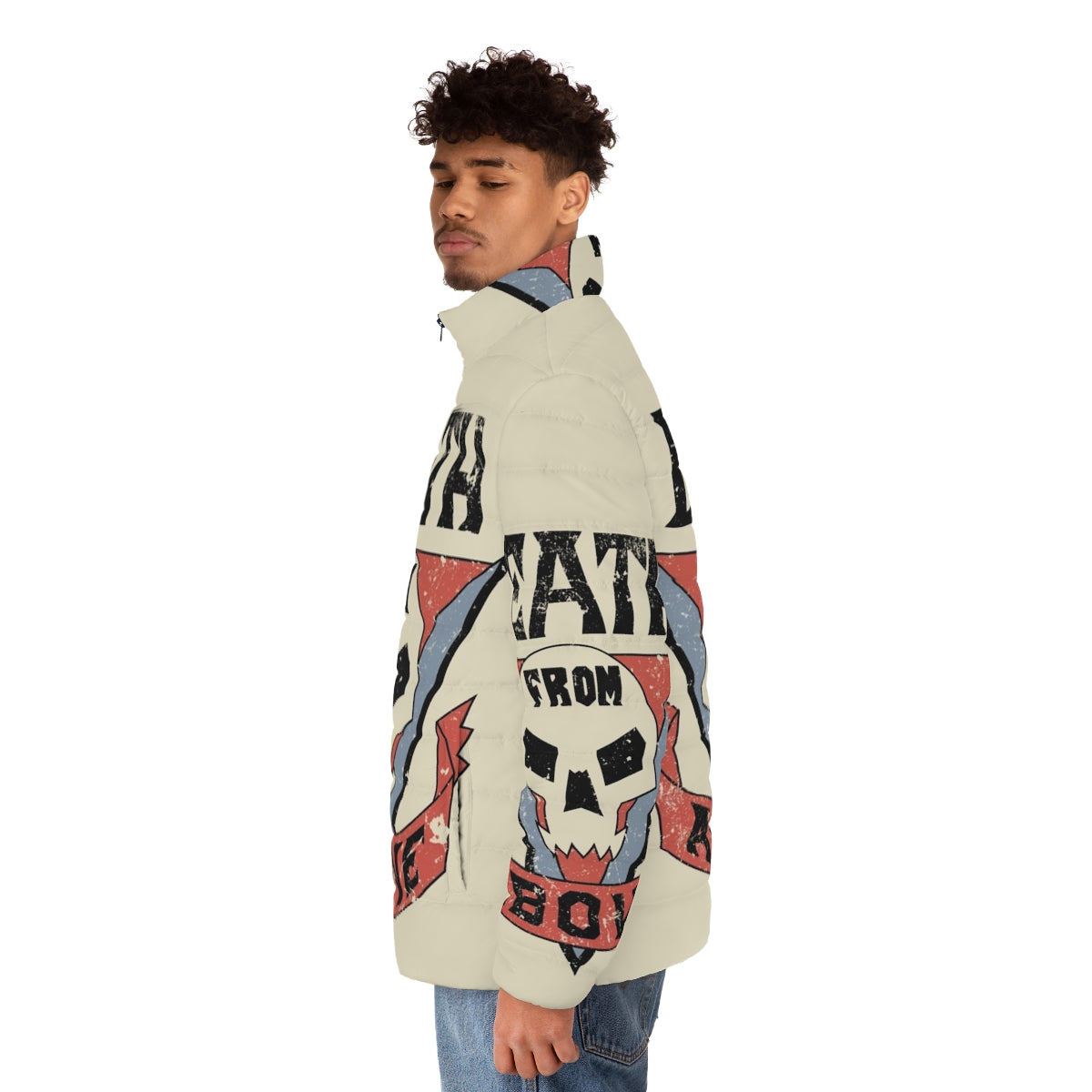 Starship Troopers inspired puffer jacket with "Death From Above" graphic - men side left