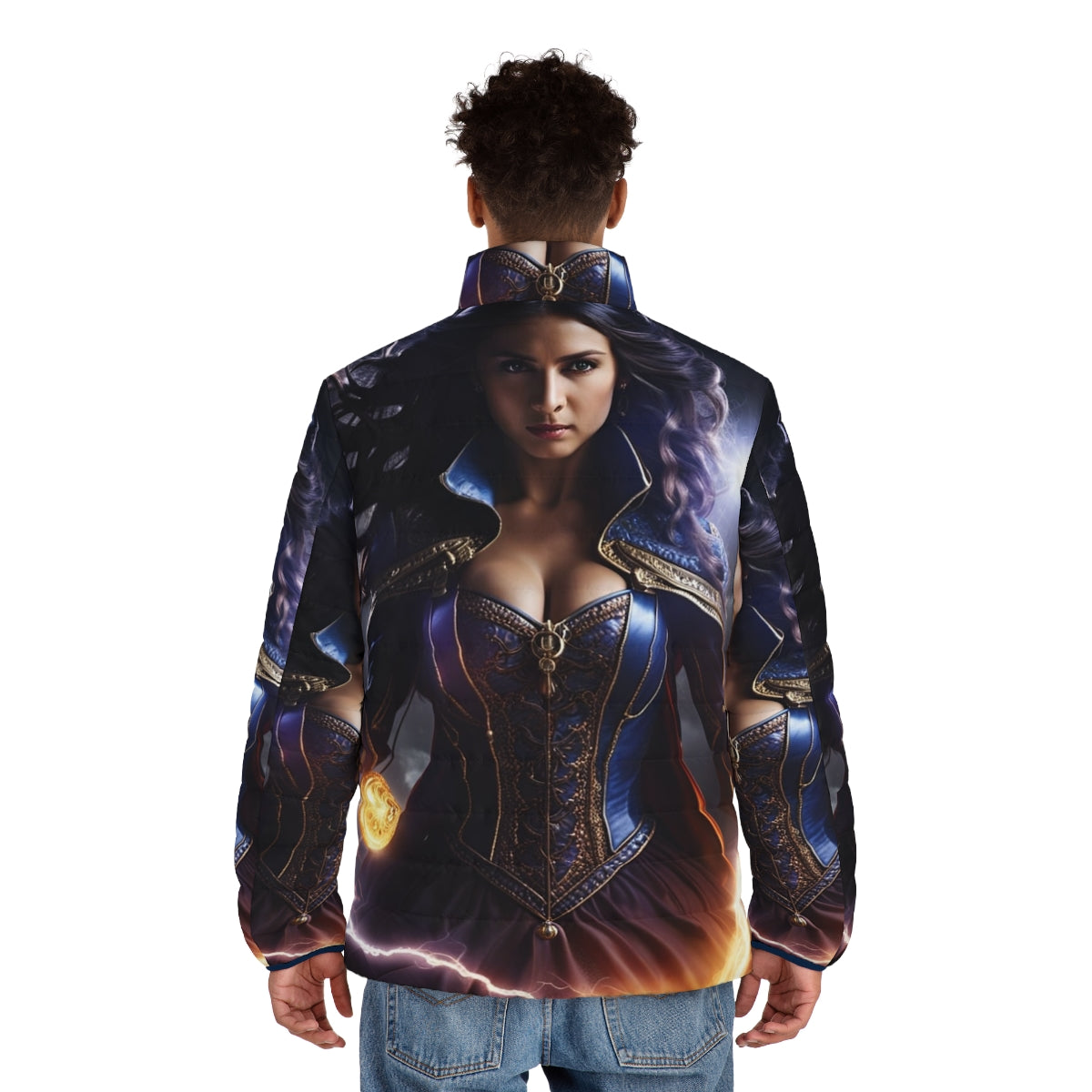 A blue electric puffer jacket with a superhero-inspired design - men back