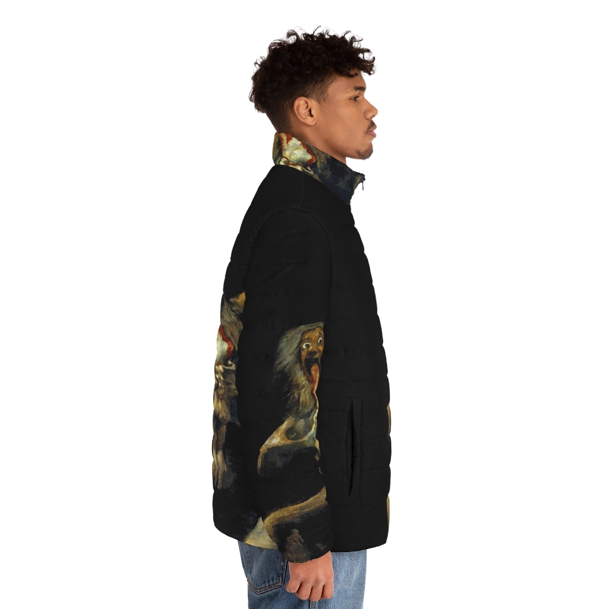 A puffer jacket featuring the chilling painting "Saturn Devouring His Son" by Spanish artist Francisco Goya. - men side right