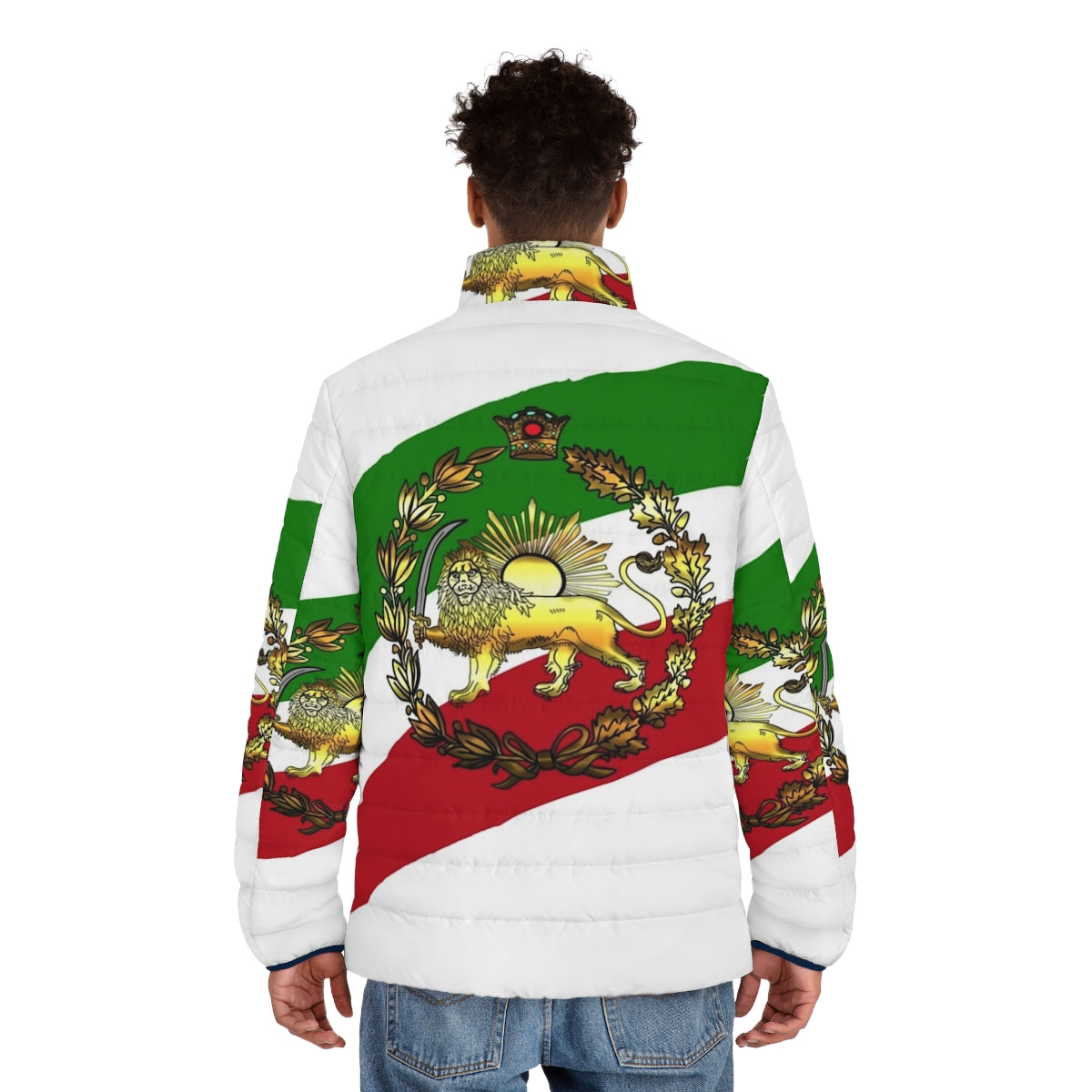 Puffer jacket with the Iran Pahlavi flag design featuring a lion and crown - men back