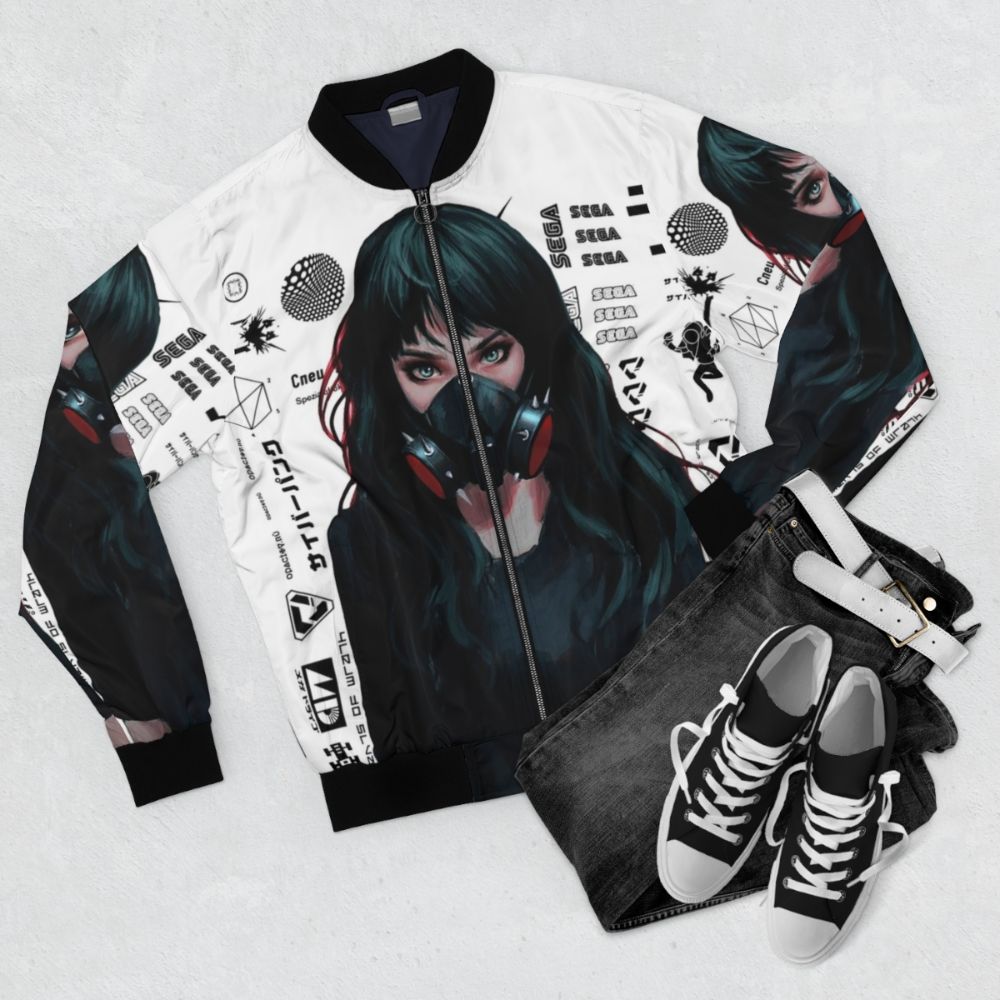 Cyberpunk-inspired bomber jacket with futuristic gamer girl design and vibrant patterns - Flat lay