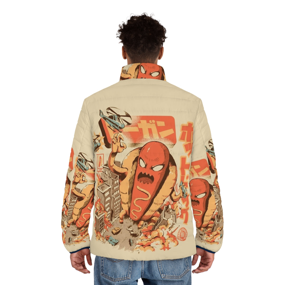 Hot dog puffer jacket with Japanese-inspired retro anime design - men back