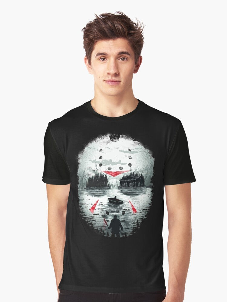 Friday the 13th horror movie graphic t-shirt featuring Jason Voorhees illustration - Men