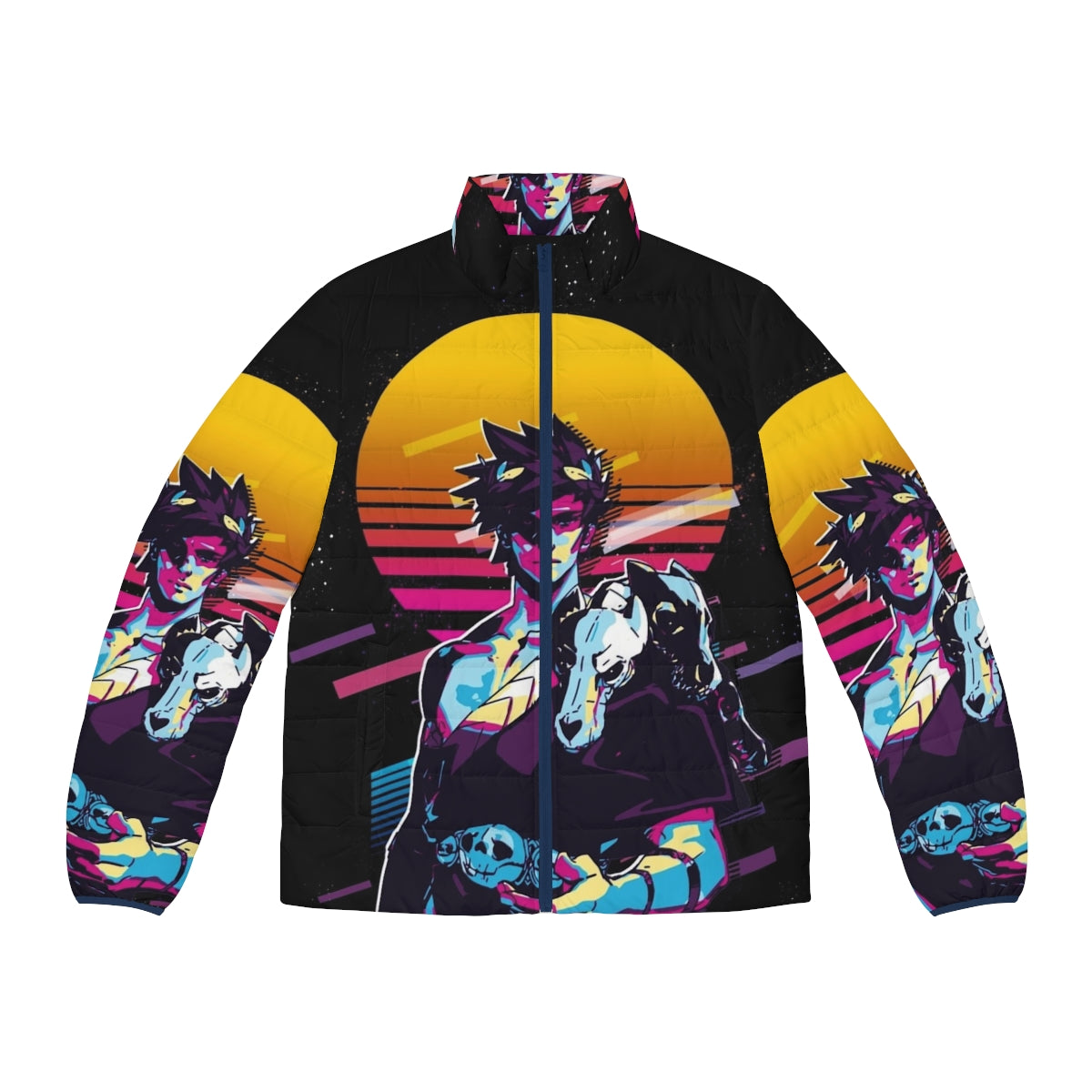 Zagreus Hades 80s Retro Puffer Jacket, gaming inspired outerwear featuring Zagreus and Hades characters