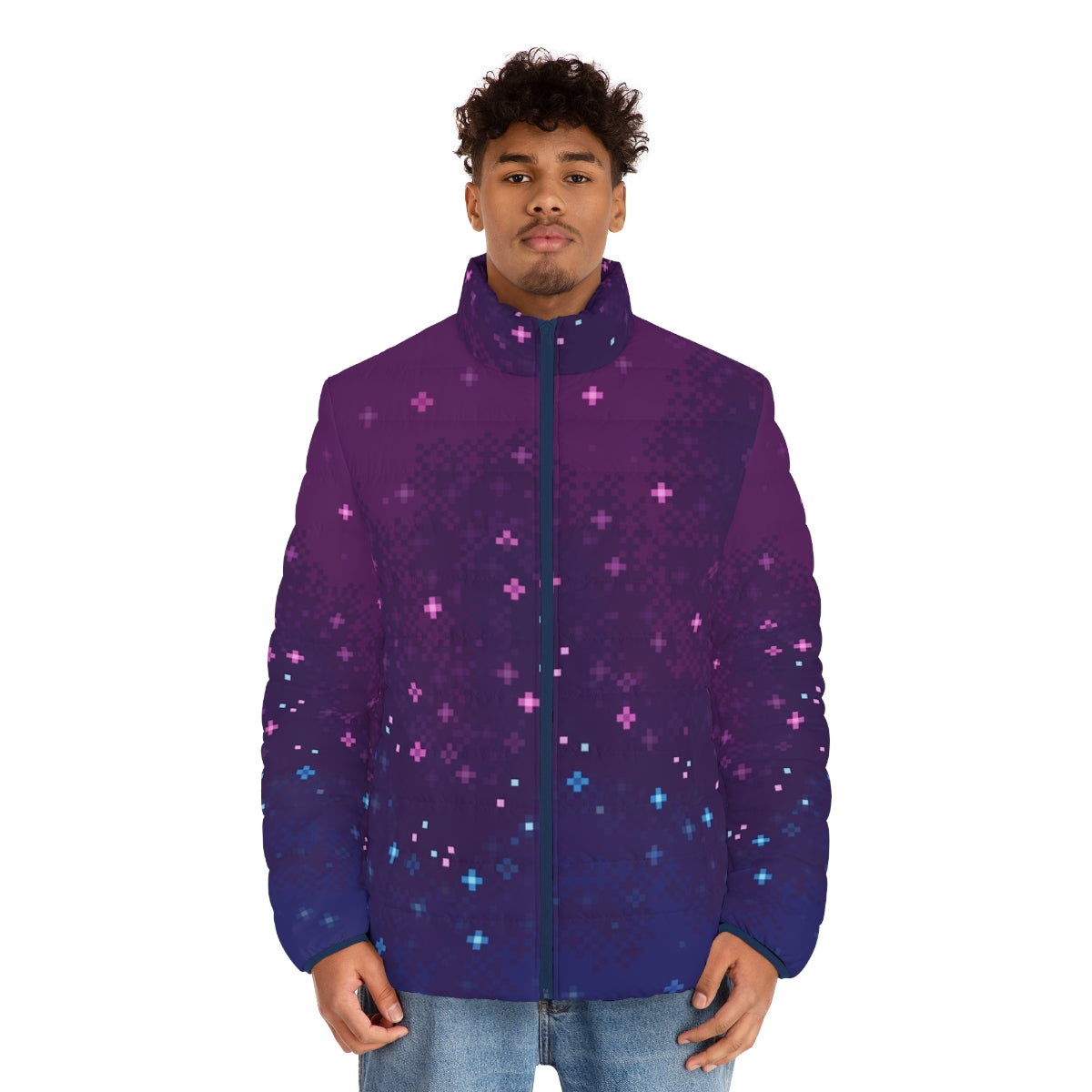 Bi Pride Galactic 8-Bit Puffer Jacket featuring a vibrant pixel art design of the bisexual pride flag in a cosmic galaxy setting - men front