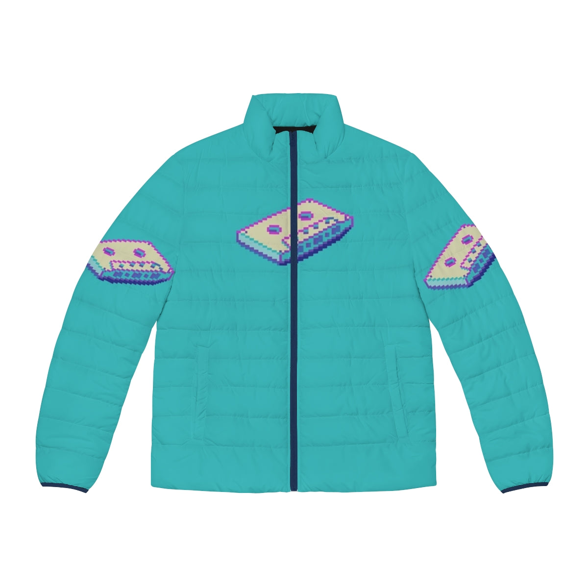 Retro vaporwave cassette puffer jacket with pixel art design