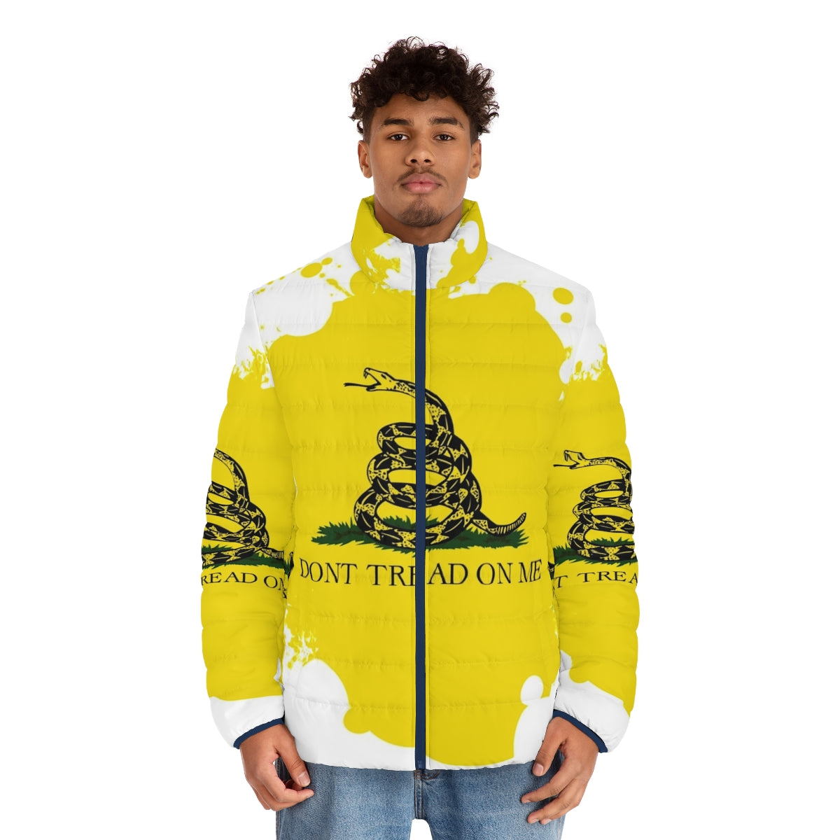 Puffer jacket with don't tread on me art design - men front