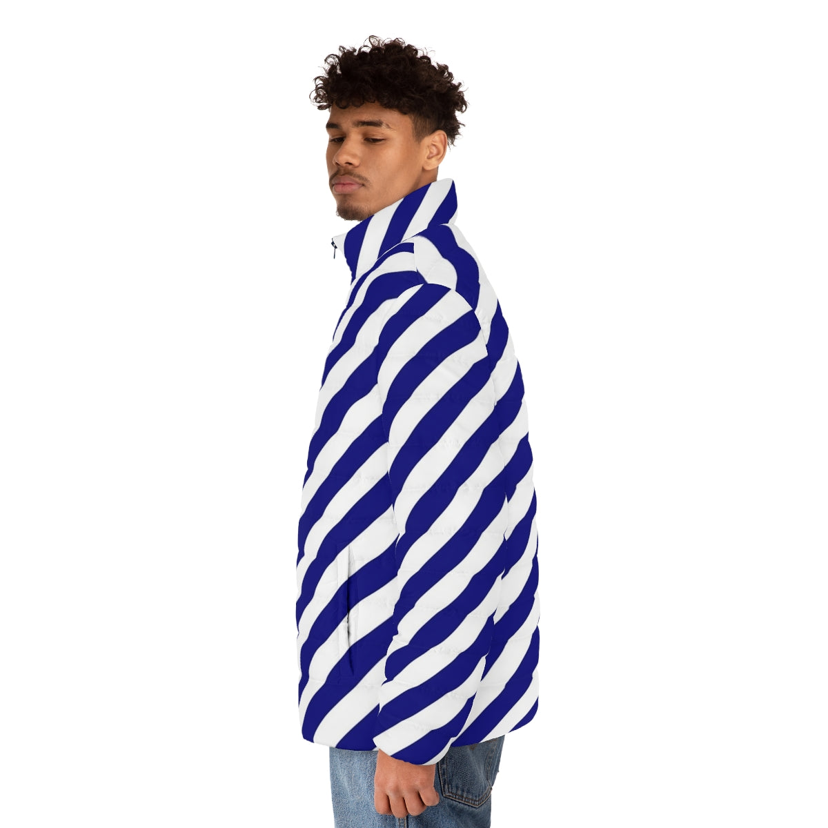 Blue and white diagonal stripe puffer jacket - men side left