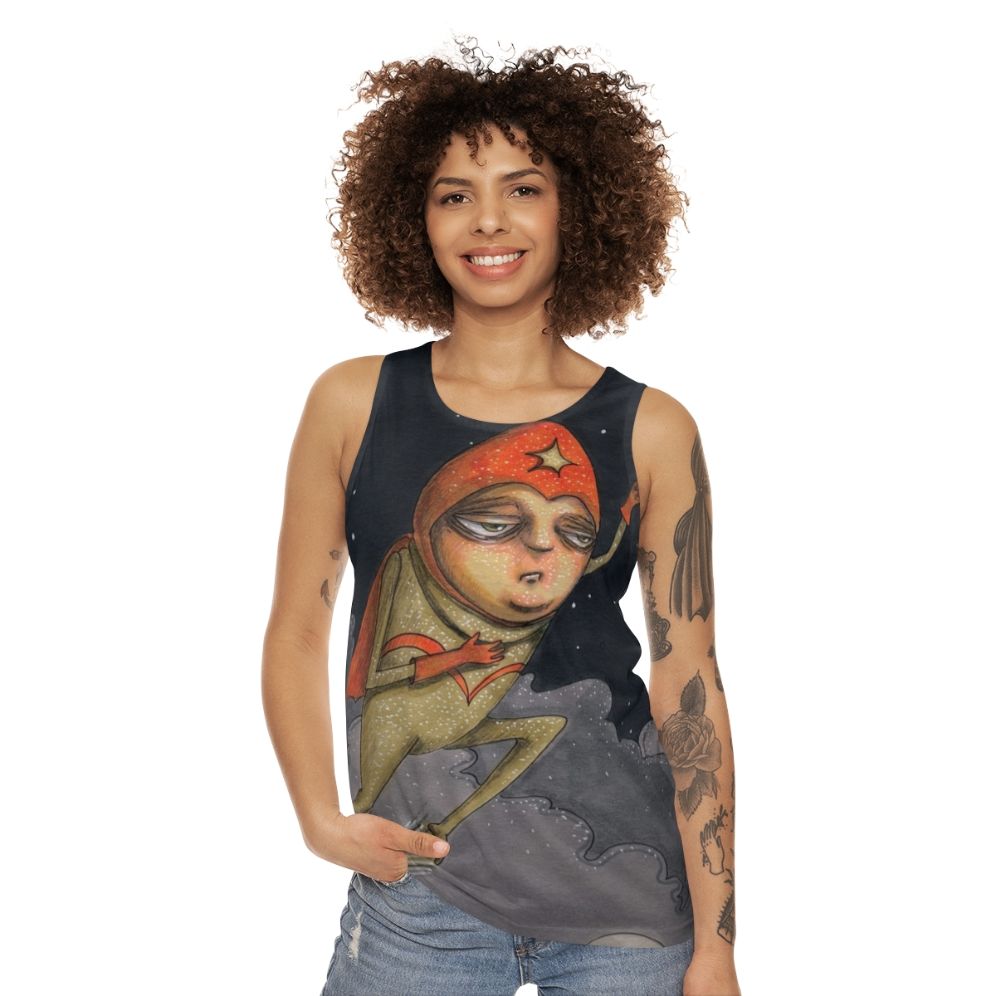 Captain Enthusiasm unisex tank top with a hand-drawn superhero design - women