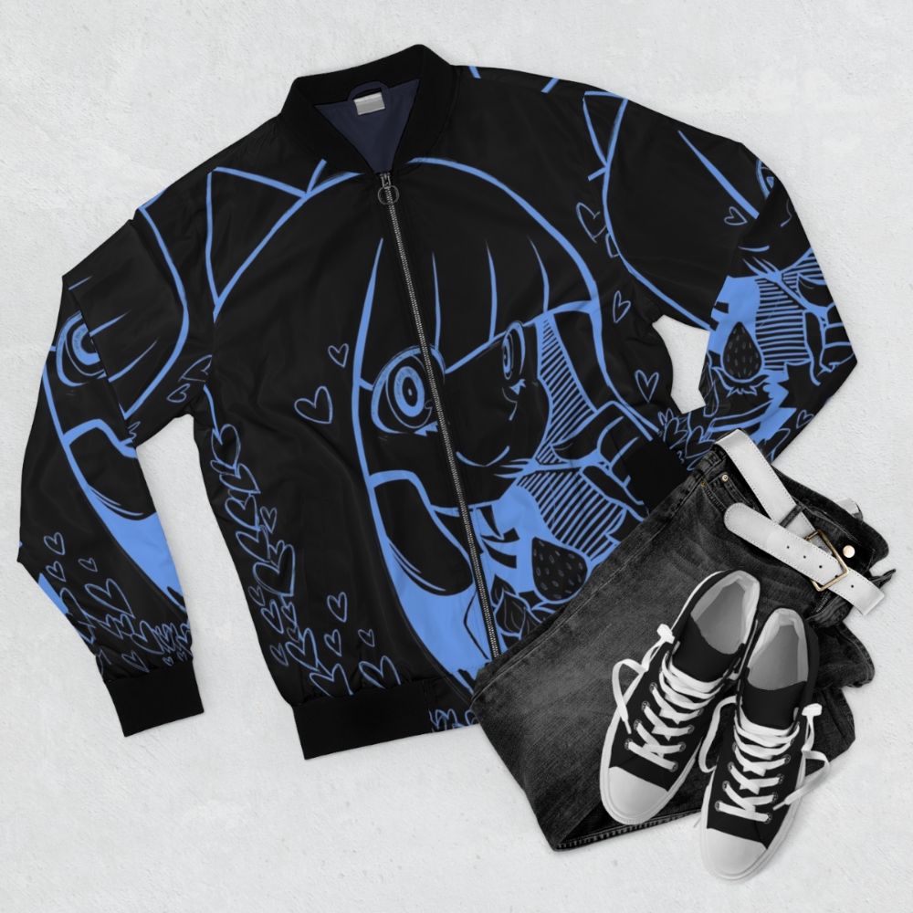 Cute anime-inspired blue bomber jacket with heart graphics - Flat lay