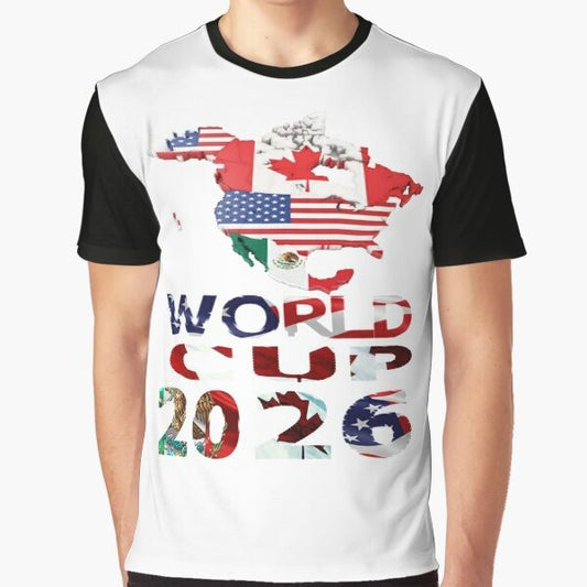 World Cup 2026 graphic tee featuring the flags of America, Canada, and Mexico