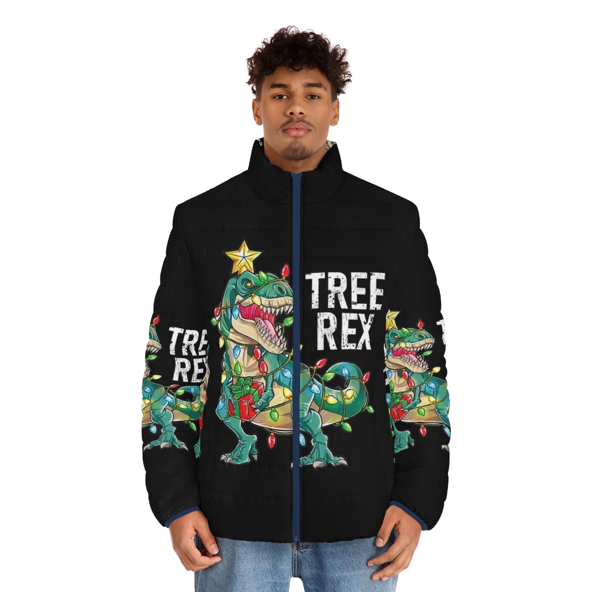 A cheerful puffer jacket featuring a Christmas dinosaur tree rex design - men front