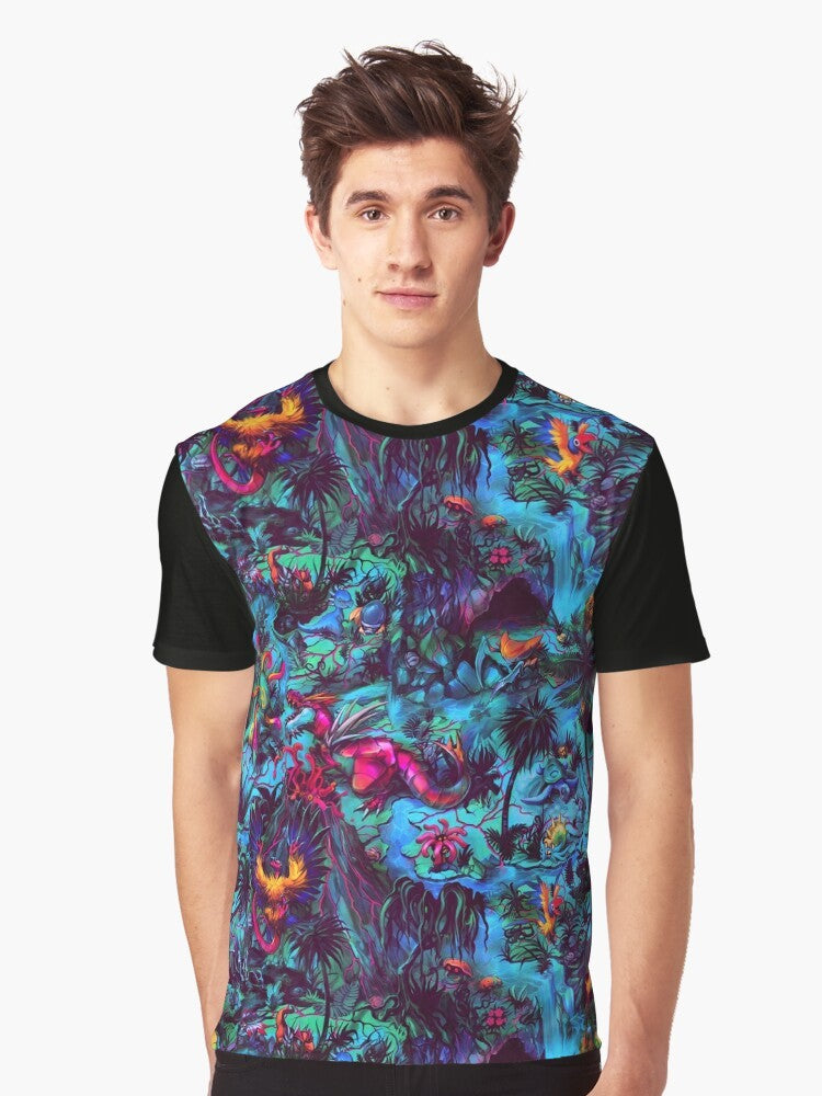 Paleo party dinosaur graphic t-shirt with a neon, psychedelic design - Men