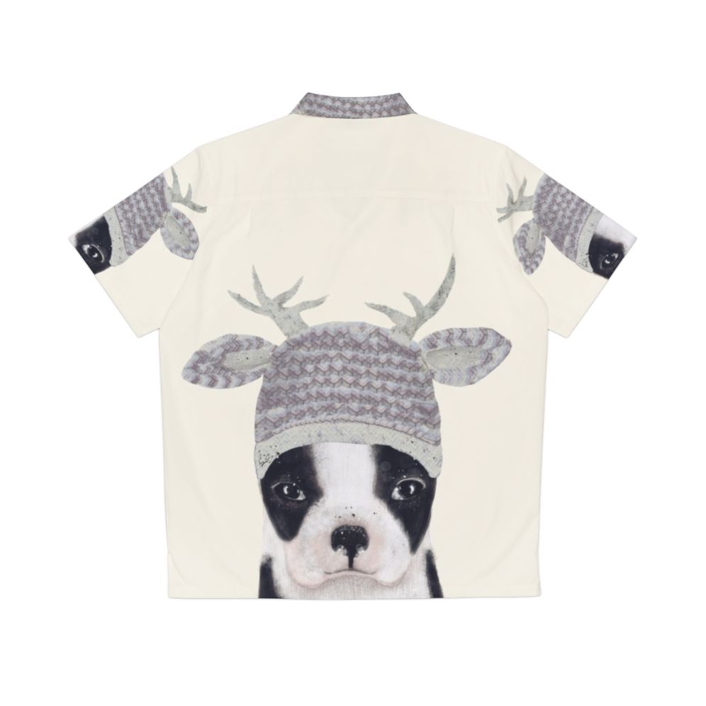 Boston Terrier wearing a Hawaiian shirt with a cute watercolor puppy illustration - Back