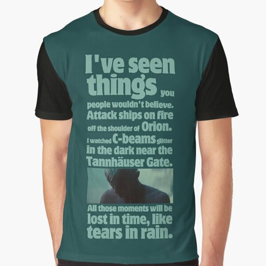 Graphic t-shirt featuring the iconic "like tears in rain" quote from the Blade Runner movie, based on the Philip K. Dick novel.