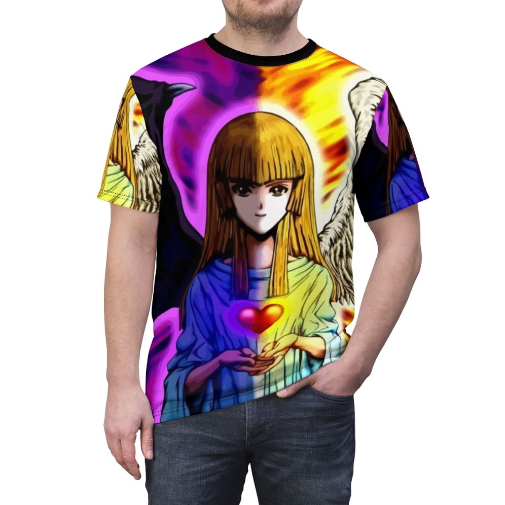 Anime-inspired Yu-Gi-Oh! Change of Heart t-shirt design featuring blue eyes white dragon, dark magician, and other iconic characters. - men front