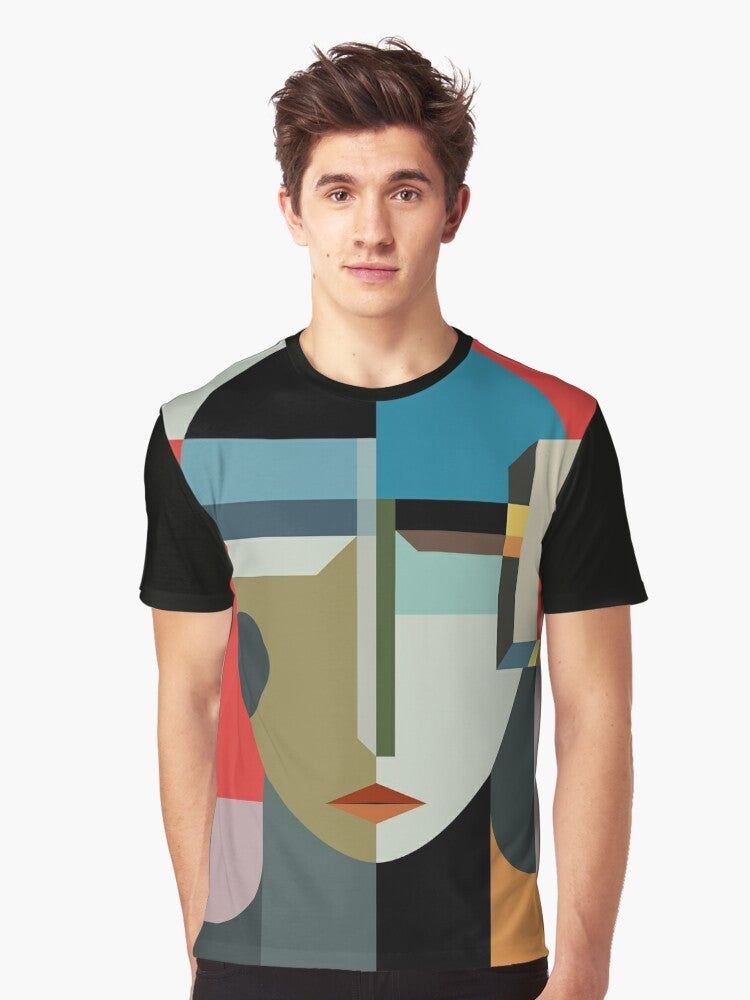 Modernist graphic t-shirt featuring an abstract, surreal woman's face with a timeless, mysterious design. - Men