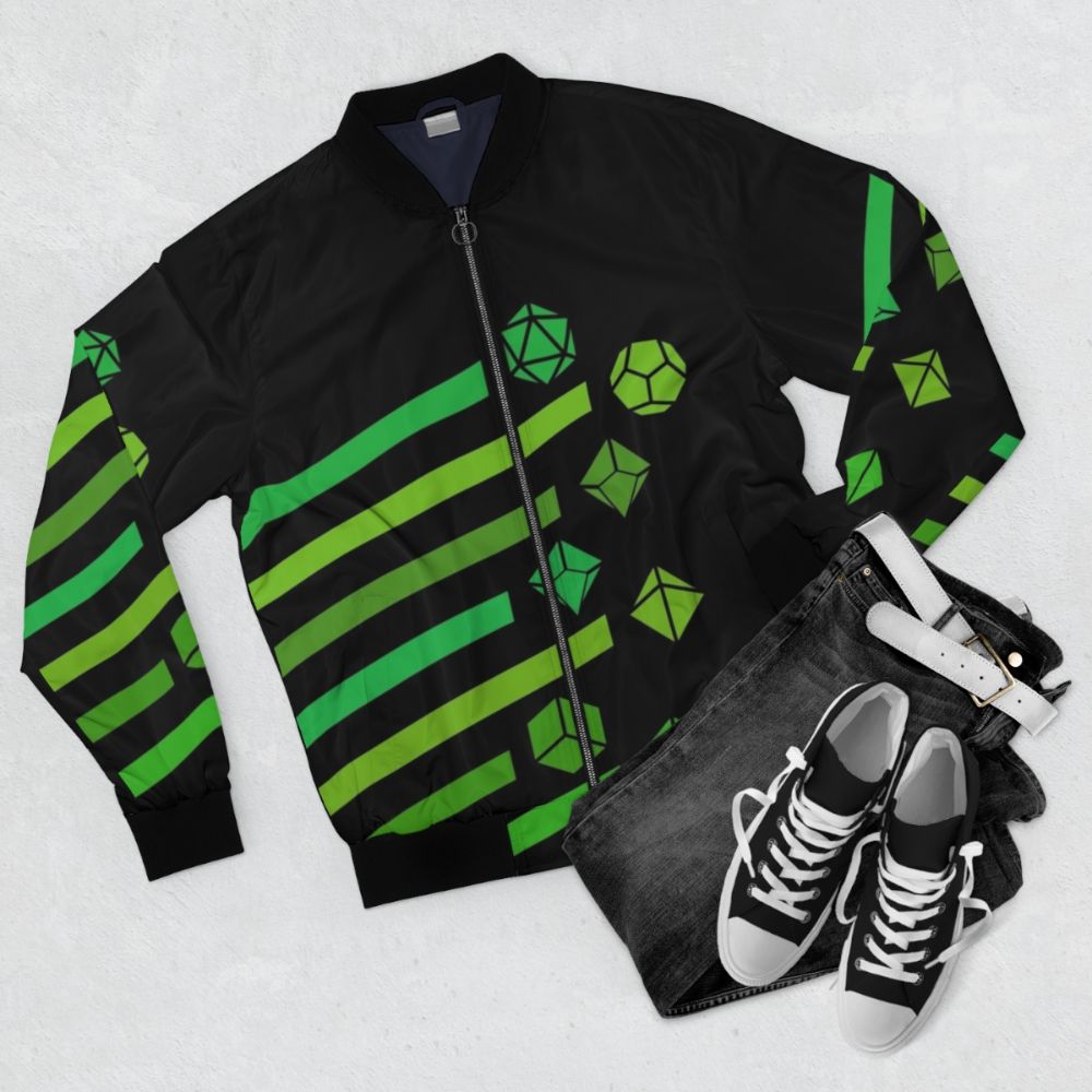 Green bomber jacket featuring polyhedral dice and Cthulhu inspired design for tabletop RPG enthusiasts. - Flat lay