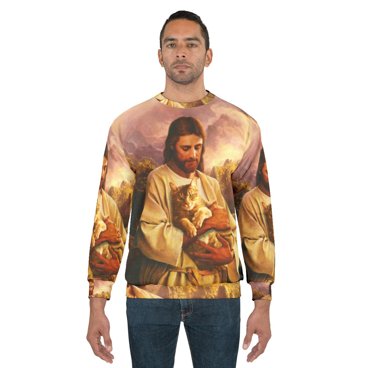 The Cat of Christ Christian Sweatshirt with a cat dressed as Jesus - men