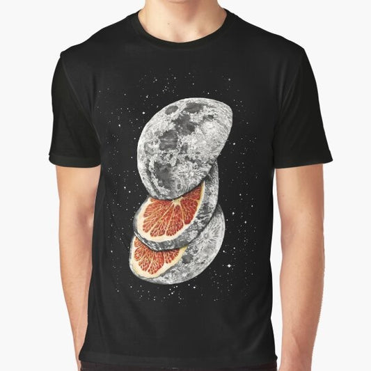 Graphic t-shirt with a surreal design featuring a moon-like fruit against a starry space background