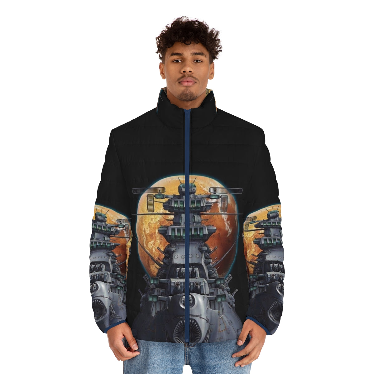 Retro puffer jacket featuring the iconic Battleship Yamato from the classic anime series - men front