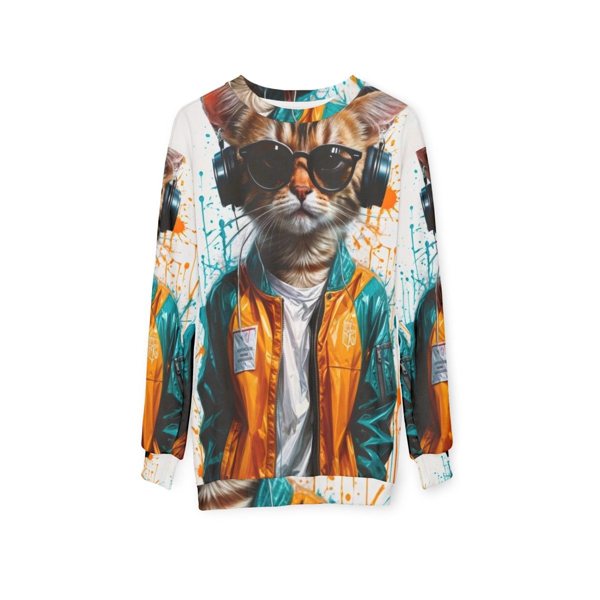 Fashionable dance cat sweatshirt featuring a cute kitten dancing with headphones - hanging