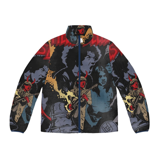 ACDC Hells Bells Comics Inspired Puffer Jacket featuring Angus Young and Hellboy designs