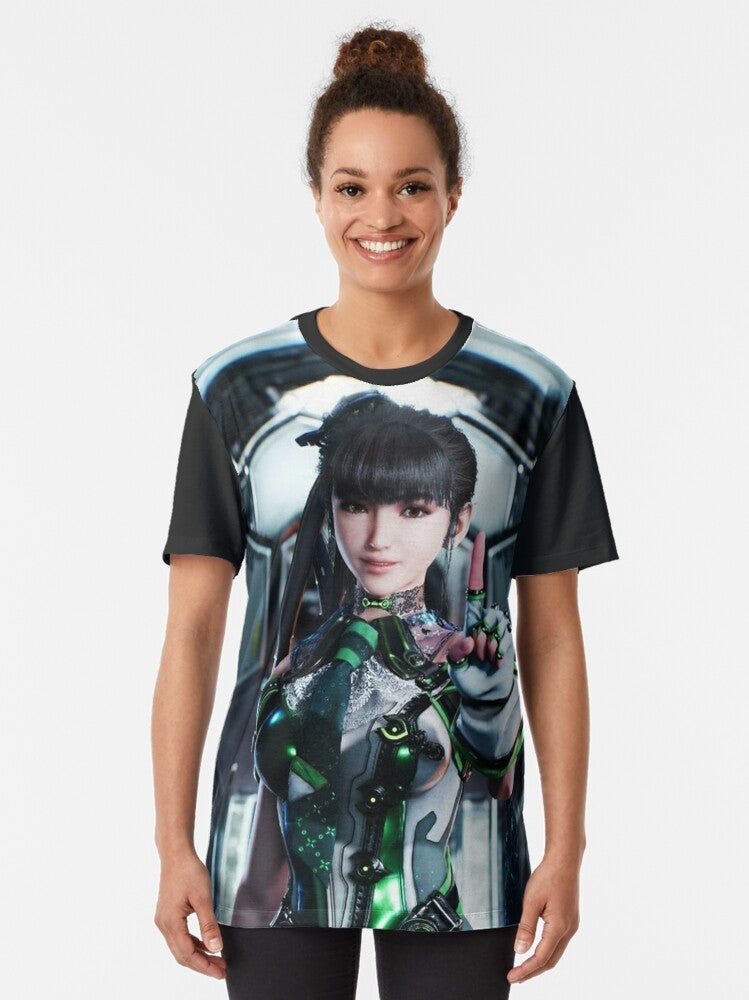 Stellar Blade sci-fi video game graphic t-shirt design featuring the game's iconic characters and spacecraft. - Women