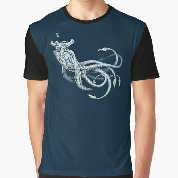 A graphic t-shirt featuring the mysterious Sea Emperor, a leviathan creature from the game Subnautica.