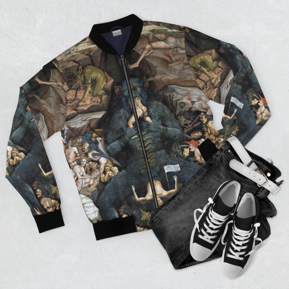 Inferno Bomber Jacket with Grotesque Artwork by Giovanni da Modena - Flat lay