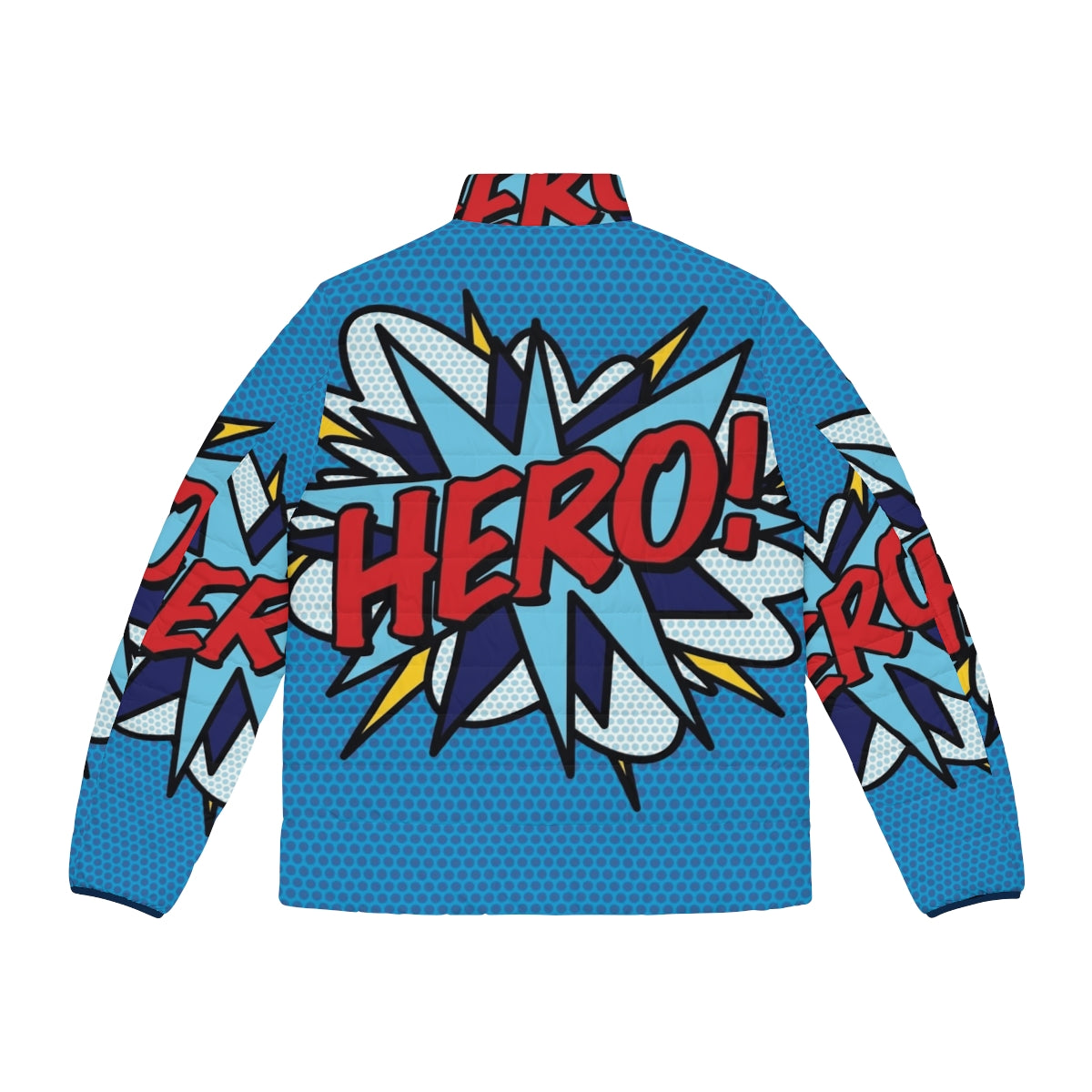 Vibrant hero comic book pop art puffer jacket with retro superhero graphics - Back