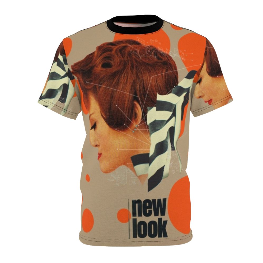 A stylish vintage-inspired geometric pop art aop t-shirt featuring a portrait of a woman with ginger hair.