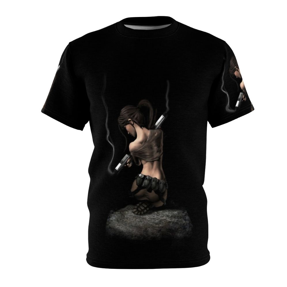 Adventure-inspired graphic tee featuring Lara Croft-style silhouette and tomb raider-themed design